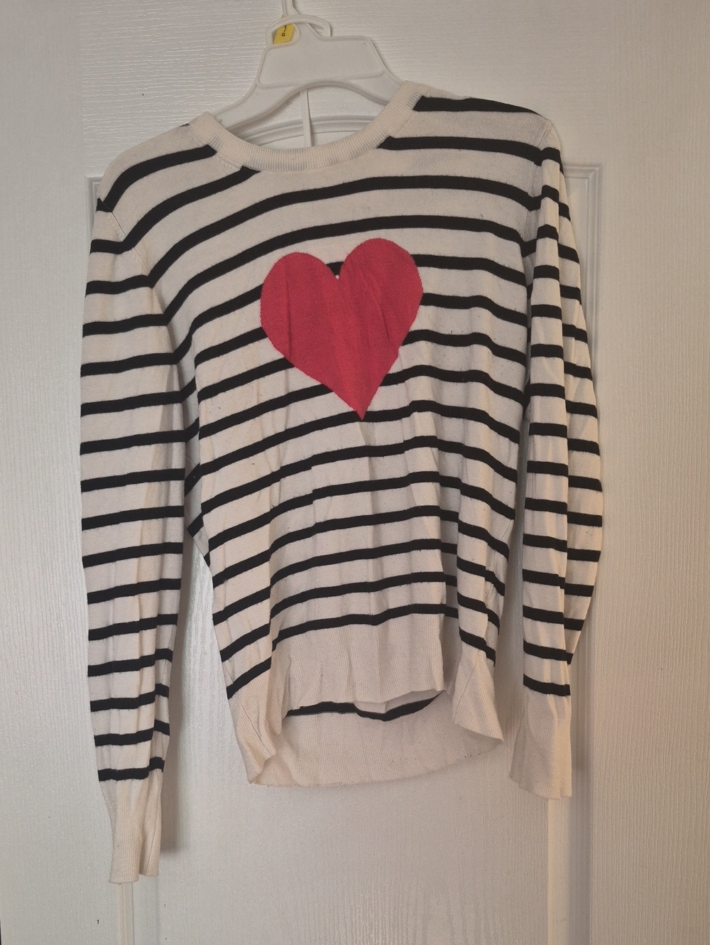 French Connection Black & White Striped Crewneck Sweater with Red Heart